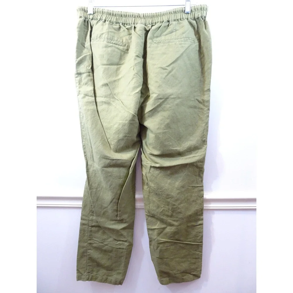 Quince Olive Green Linen Blend Drawstring Elastic Waist Patch Pocket Pants L